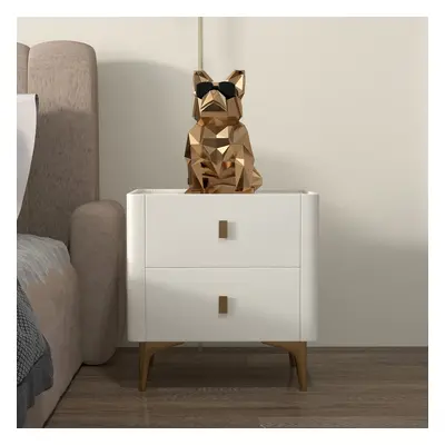 Modern Off White Nightstand 2-Drawer Bedside Cabinet with Sintered Stone Top