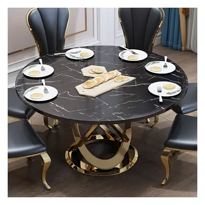 59" Modern Black & Gold Round Marble Dining Table with Stainless Steel Pedestal