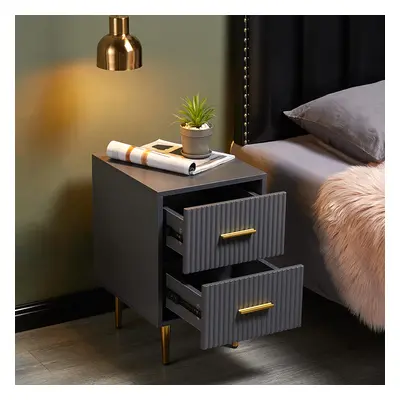 Modern Grey Rectangle Bedside Table with 2 Drawers and Gold Metal Base