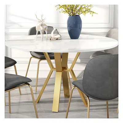 White Round Faux Marble Dining Table Modern Table for Dining with Metal Base in Gold