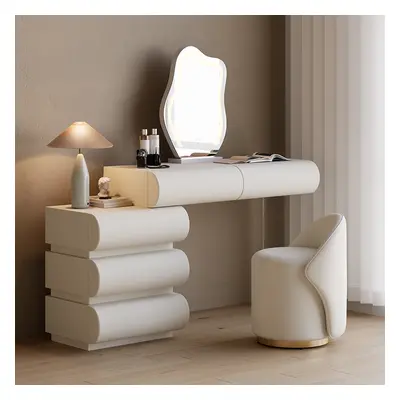 Modern White Makeup Vanity Set PU Leather Dressing Table with Stool & LED Mirror