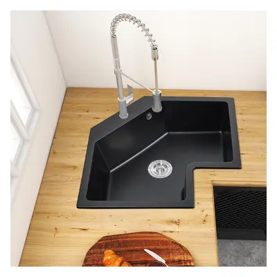 640mm Black Drop In Corner Kitchen Sink Modern Single Bowl Quartz Irregular Sink