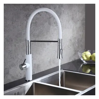 Modern Sleek White & Chrome Pull-Down Spray Kitchen Faucet Single Handle Solid Brass