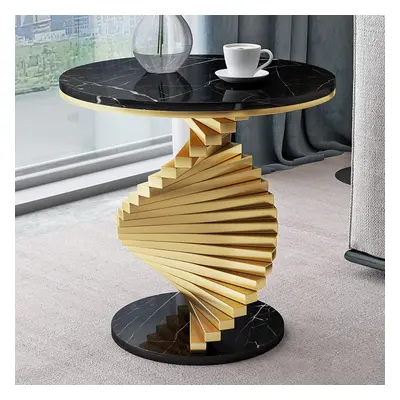 Round Marble Tabletop End Table with Metal Frame Modern Black & Gold Side Table