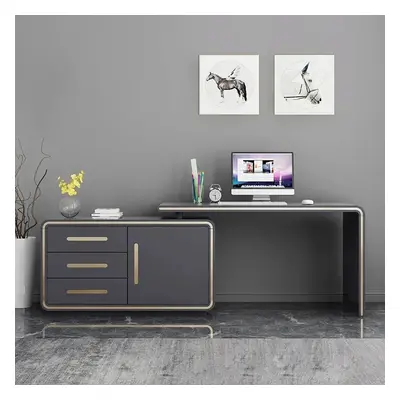 L-Shaped Grey 1400mm Office Desk Corner Writing Desk with Drawers & Doors in Gold Finish