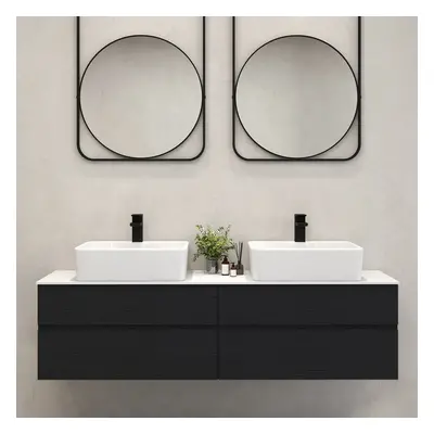 60" Black Floating Bathroom Vanity Set Cultured Marble Top with Ceramic Vessel Sink