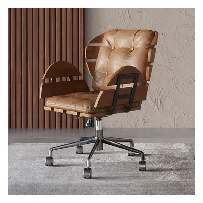 Brown Industrial Swivel Office Chair Leather Upholstered Task Chair Adjustable Height