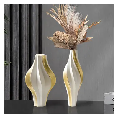 2 Pieces Modern Resin Curved Lines Flower Vase Set Sculpture Decor Art in White & Gold