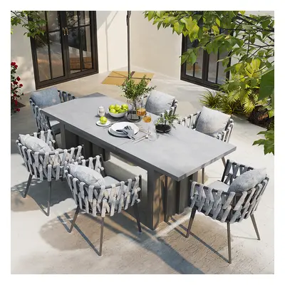 7 Pieces Grey Aluminium Outdoor Patio Dining Set with Extendable Table & Woven Armchair