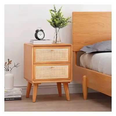 Japandi Natural Rattan Nightstand Solid Wood Bedside Table with 2 Drawers