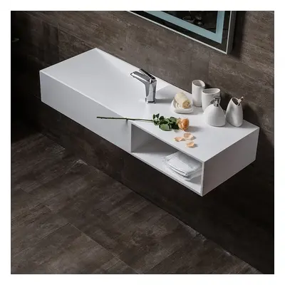 900mm Wall-Mount Stone Resin Wash Basin in Matte White with Storage Cubby Hole