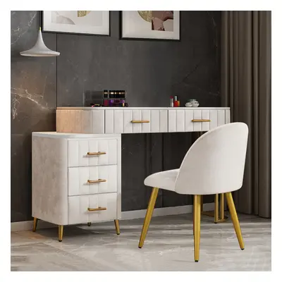 Modern White Velvet Upholstered Makeup Vanity Expandable Dressing Table with Cabinet & Chair