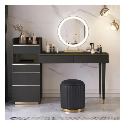 Modern Black Makeup Vanity Set Dressing Table with Lighted Mirror Cabinet & Stool