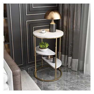 3-Tiered White & Gold End Table with Shelf Sintered Stone Top & Metal Frame Side Table