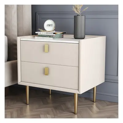 Nightstand Set of Two Modern PU Leather Bedside Table with 2 Drawers & Gold Metal Legs