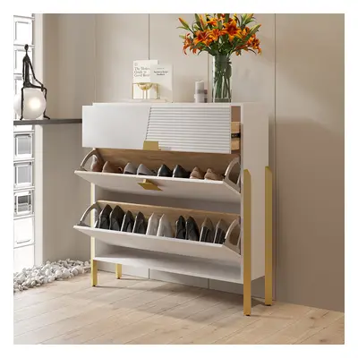 Modern Entryway White Shoe Storage for 10 Pairs Shoes Narrow Shoe Cabinet with 2 Flip Doors & 1 