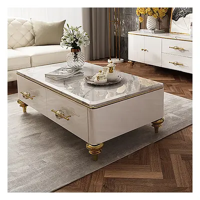 Chift 1300mm Modern Marble White Coffee Table & Storage Drawers Gold Stainless Steel Leg