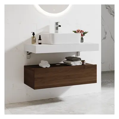 35" Floating Bathroom Vanity Set with Single Sink White and Walnut Modern Style