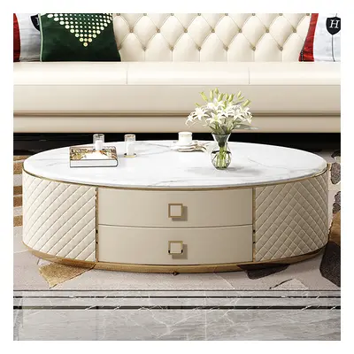 Modern White Oval Sintered Stone Top Coffee Table Microfiber Leather with 2 Drawers