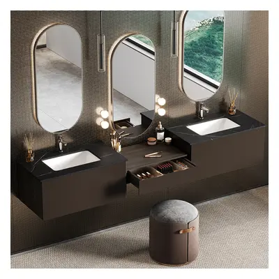 85" Modern Floating Bathroom Vanity Set with Double Sinks & Makeup Table Walnut