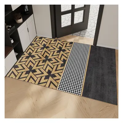 2 Pieces Modern Geometric Houndstooth Gold Washable Door Mat Non-slip Entryway Rug Set