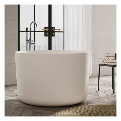 41" Freestanding Japanese Soaking Bathtub Matte White Round Stone Resin Tub