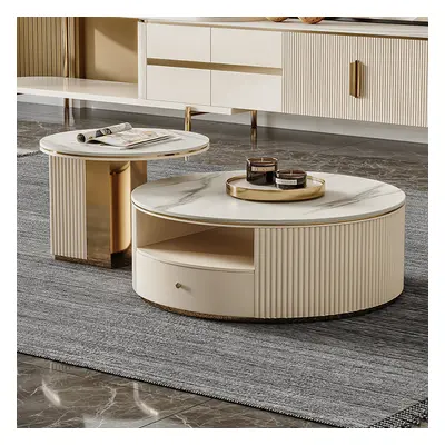 Mytures Modern Round Nesting Coffee Table with Storage White Sintered Stone Set of 2