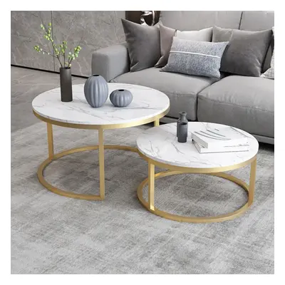 Modern Round Coffee Table Stainless Steel White Sintered Stone Top Accent Table with Set of 2