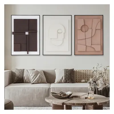 3 Pieces Japandi 3D Wall Art Painting Hanging Wall Decor Set with Black Rectangle Frame