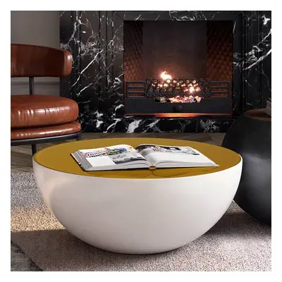 Modern White Round Drum Coffee Table Hollow Interior Storage Yellow Top 1 Piece