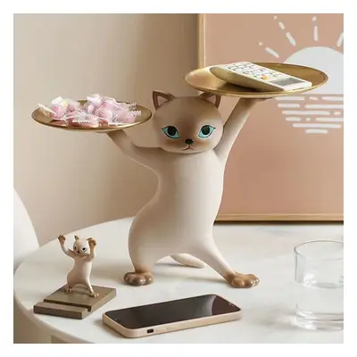 Modern Cat Resin Figurine with Gold Desk Storage Tray