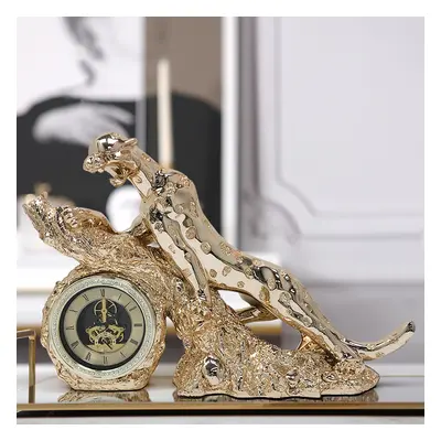 Gold Electroplating Cheetah Mute Imitation Diamond Resin Table Clock Home Decoration