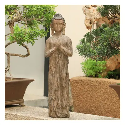 Outdoor Garden Standing Pray Buddha Statue Patio Distressed Brown Resin Sculpture Decor