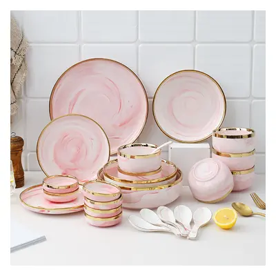 Modern Dinnerware 18-Piece Pink Ceramic Dinnerware Gold Rim