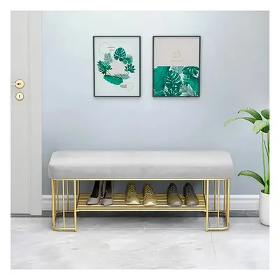 Modern Grey Hallway Bench with Shoe Storage Velvet Upholstered with Gold Frame and Shelf