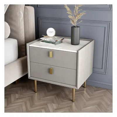 Modern PU Leather Nightstand with 2 Drawers Bedside Table in Light Gray