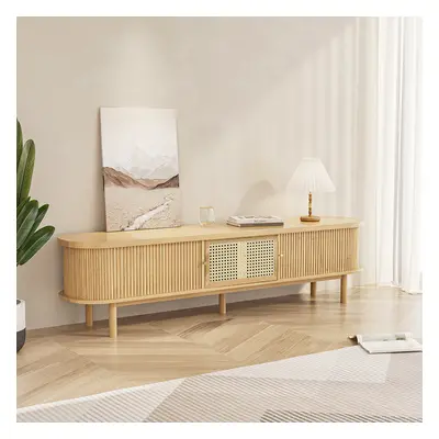 Japandi Oval Pine Wood Rattan TV Stand in Natural with Storage & Drawer for 2032mm TV