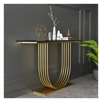 1200mm Black Solid Wood Narrow Console Table Gold Metal Pedestal Hallway Table