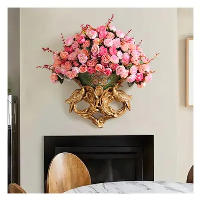 European Style Luxury Wall Hanging Carved Gold Artificial Flowers in Vase