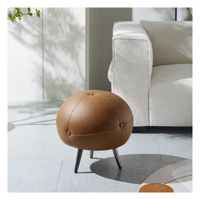 450mmDia Modern Round Buttoned Faux Leather Pouf Ottoman Upholstered Footstool in Brown