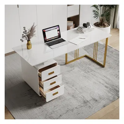 1600mm Modern White Office Desk with Drawers & Side Cabinet in Gold Base