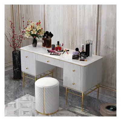 Bline White Makeup Vanity Faux Marble Dressing Table with Drawers Gold Stainless Steel