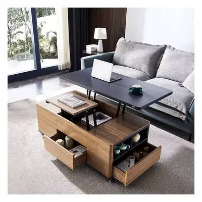 1200mm Lift-Top Foldable Walnut Coffee Table with Drawers & Cabinet