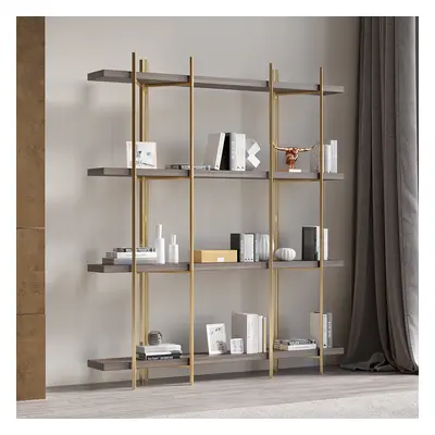 Modern 1800mm Standing Etagere Bookshelf with Open Storage in Walnut & Gold