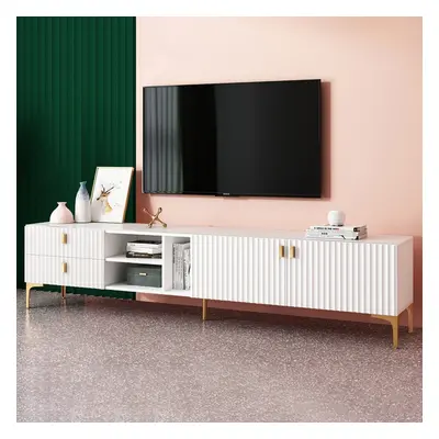 White Wood TV Stand in Gold for TVs up to 2159mm with 3 Shelves, 2 Drawers, 2 Doors