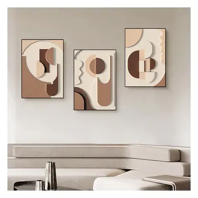 3 Pieces Japandi Wall Decor for Living Room Abstract Art Print with Frame in Brown