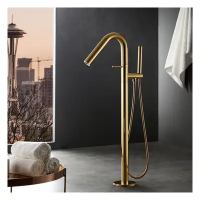 Modern Freestanding Bath Tap Floor Mounted Bath Filler with Handheld Shower Gold