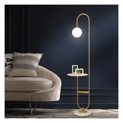 1500mm Modern Arc Floor Lamp with Shelf in Gold with Glass Shade & Marble Base