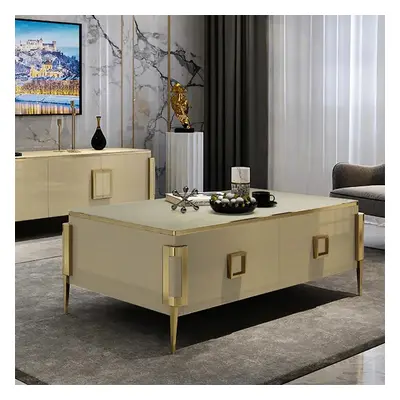 Vectic Modern Gold Rectangular Coffee Table with Drawers & Tempered Glass Tabletop