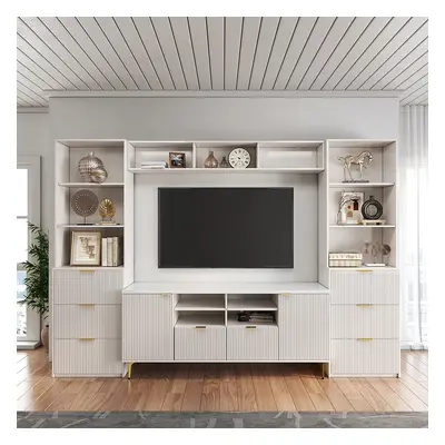 2900mm Fluted Wood Storage 4-Piece Entertainment Center with Bookshelf White TV Stand